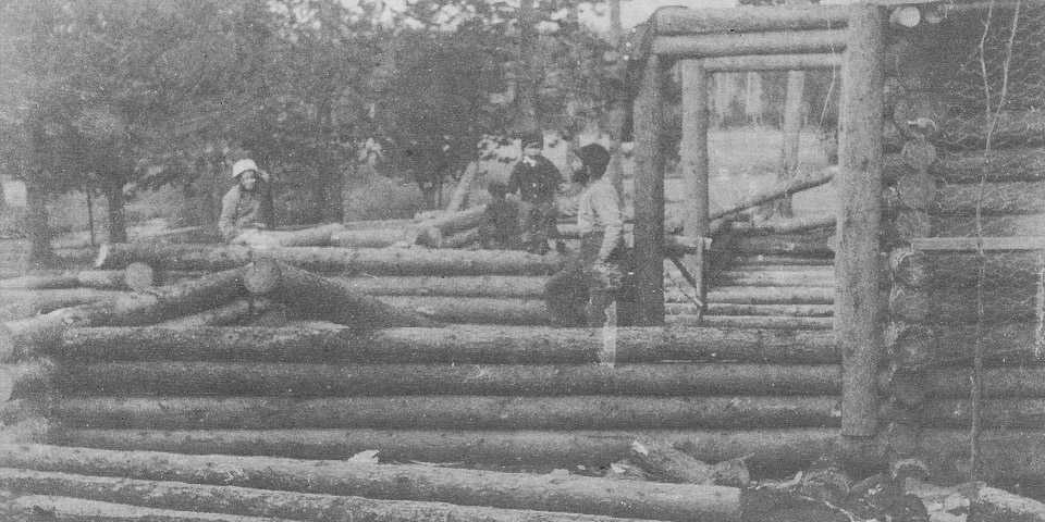 Building the second half of the Collins homestead cabin: Leah, Doctor (?), & John Collins, and Hans Zimmerman - 1914