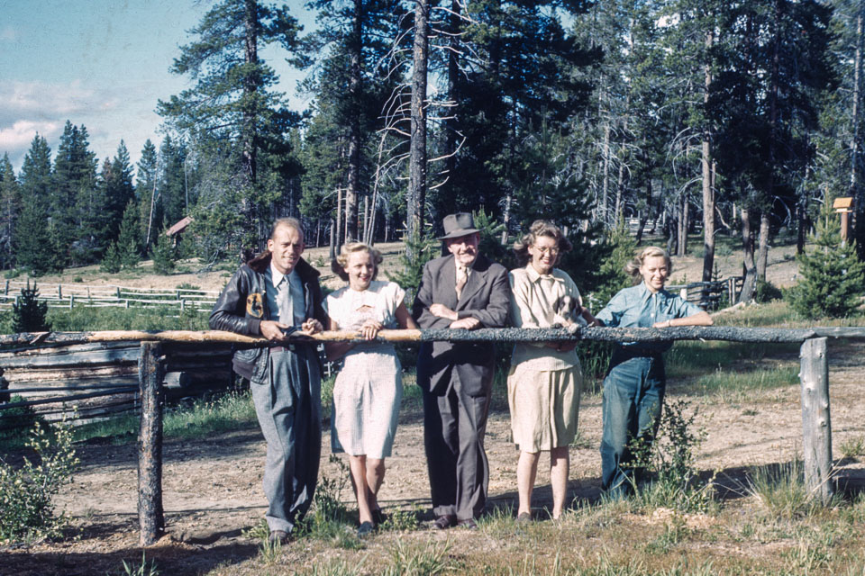 Doug, Jo, Fielding, Mom, & Mary at the Ranch.  Mom is holding Ralph, the Springer Spaniel Mom and Dad received as a wedding gift.