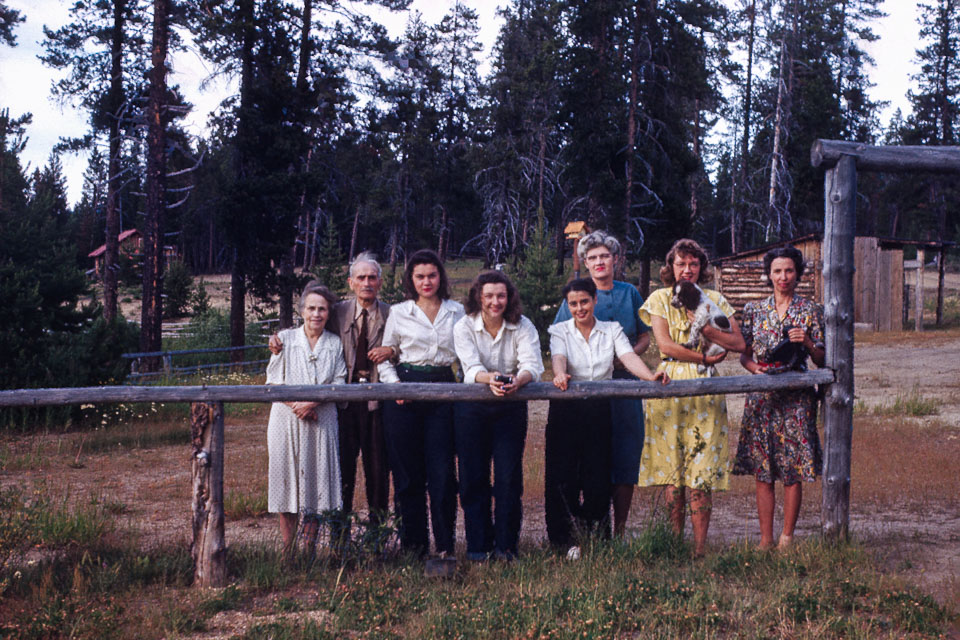 Back on the Ranch.  I think the two women to Leah's right are there for Leah's camp.  I suspect that the women on either side of Mom are friends of Mom who were there for Mom & Dad's wedding in Eugene.  Mom is holding Ralph, the Springer Spaniel Mom and Dad received as a wedding gift. - 1946