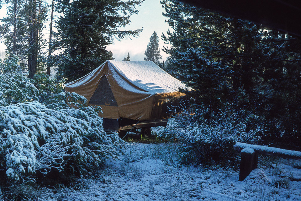 The tent trailer at the Ranch after a June snow - 1973