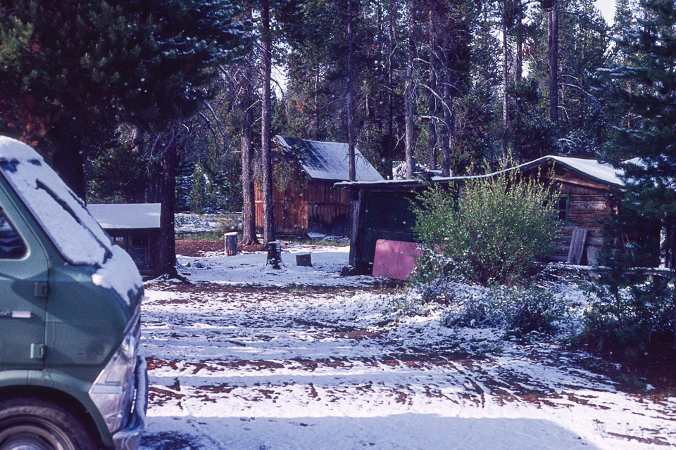 Doug's van, the Pump House, and the Main House in a June snow