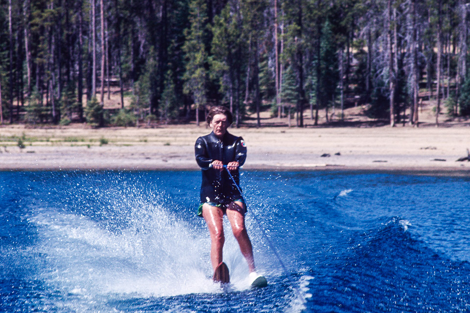 Mom waterskiing - note she is on the slalom ski!