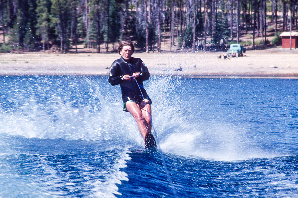 Mom waterskiing - note she is on the slalom ski!