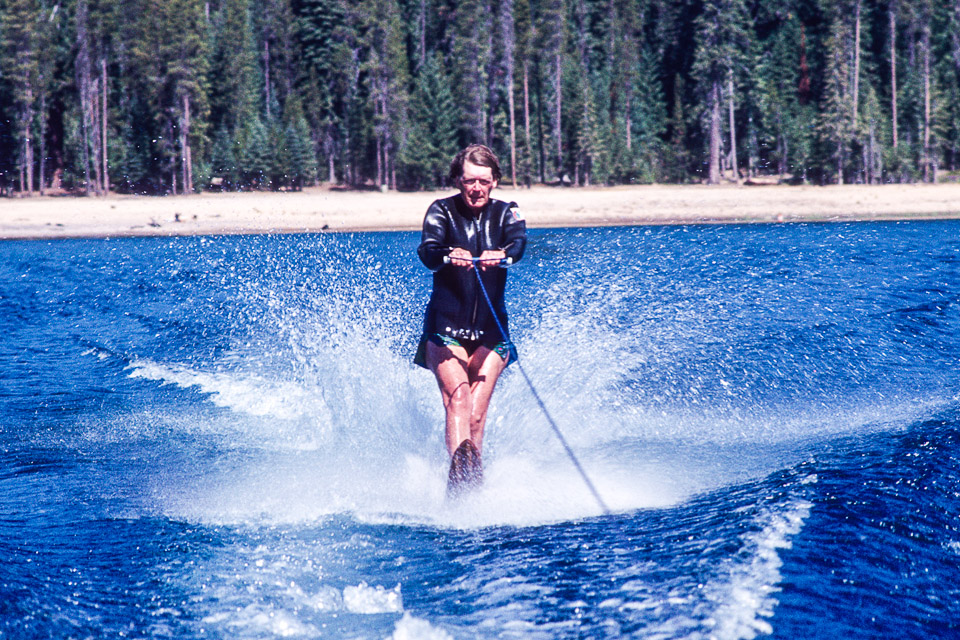 Mom waterskiing - note she is on the slalom ski!