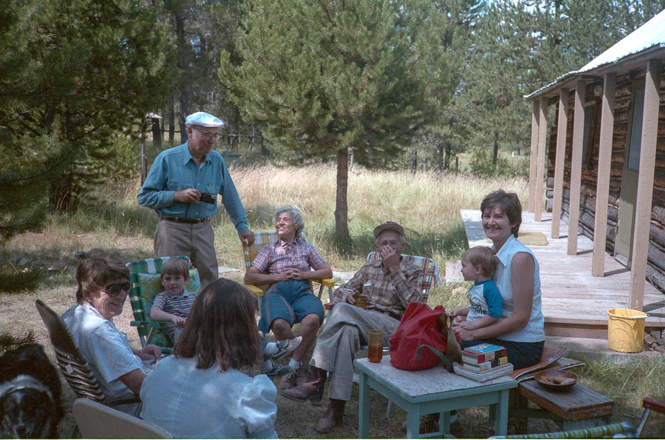 Nipper, Mom, Jeff, Jeannie, George & Elsie Jensen, Dad, Brian, and Kathy at the Menefee place