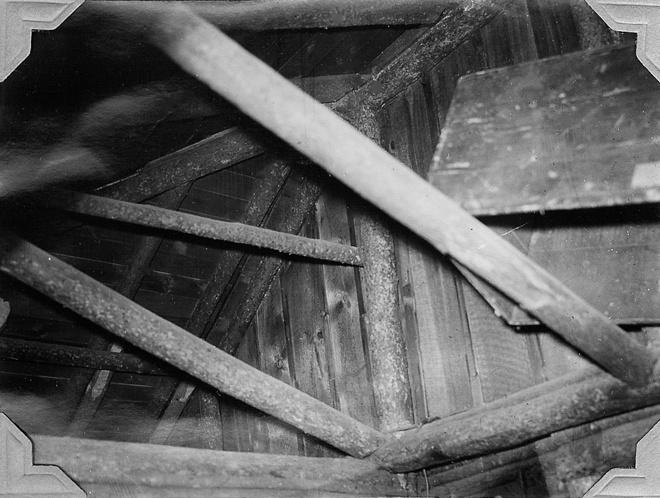 Detail of the ceiling support structure in the Main House at the Ranch.  Grandfather Collins saw this structure in China and it enabled him to build a roof with a shallow slope that could withstand the heavy snows of winter on Big Marsh Creek.