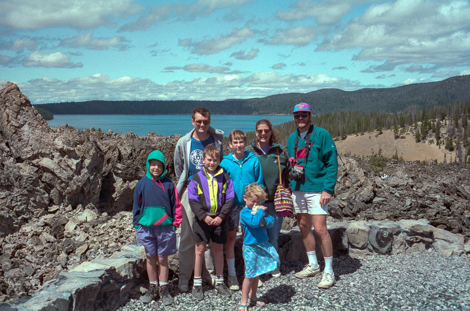 Andrew, Doug, Brian, Jeff, Liz, Jeannie, and Richard at the Newberry Crater obsidian flow, overlooking East Lake